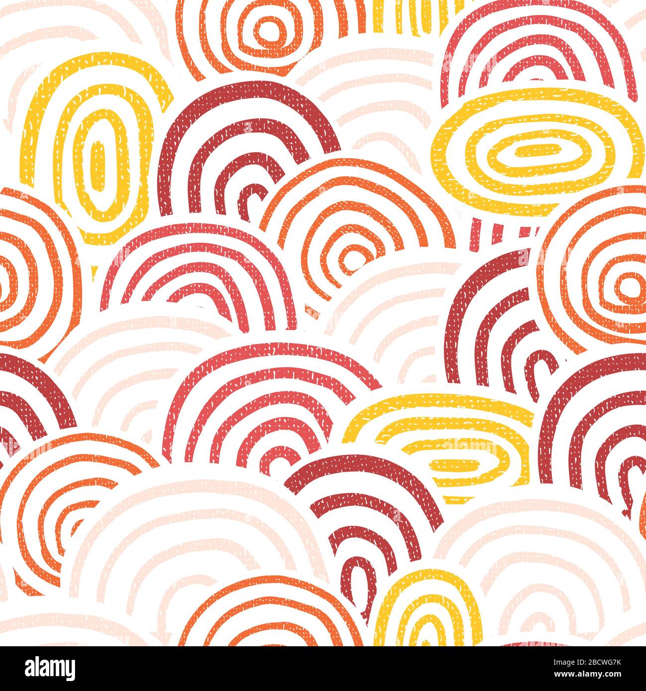 Circle collage seamless vector background. Modern textured rainbow circle shapes pattern red pink orange white. Abstract repeating summer design Stock Vector