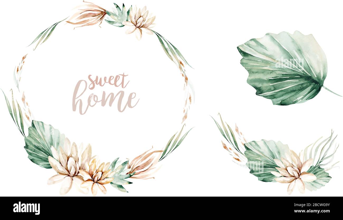 Floral watercolor peony flower frame. wreath with tropical leaves and ...