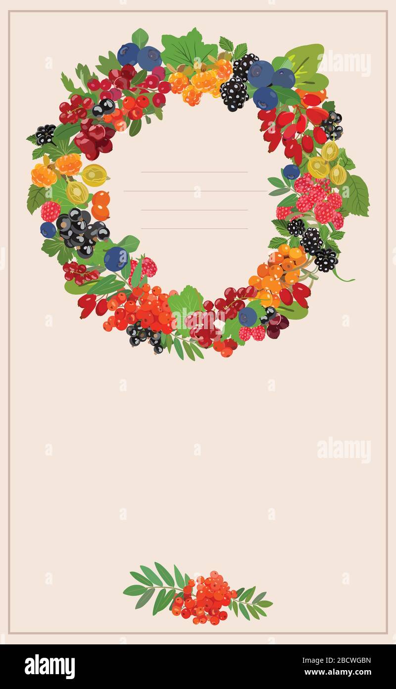 Banner with wreath made from different bright berries. Vector illustration. Stock Vector