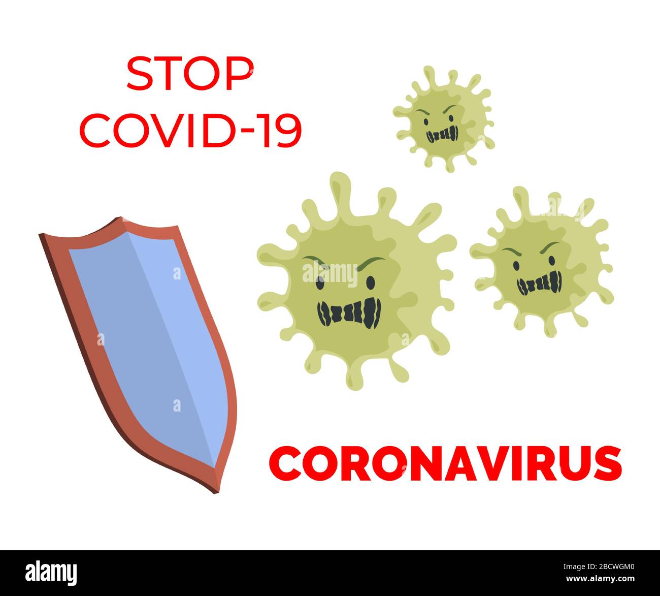 Stop Covid-19 flat banner concept. Coronavirus cells stopped by knight shield vector flat illustration. Quarantine and self-isolation during global pandemic poster design. Stock Vector