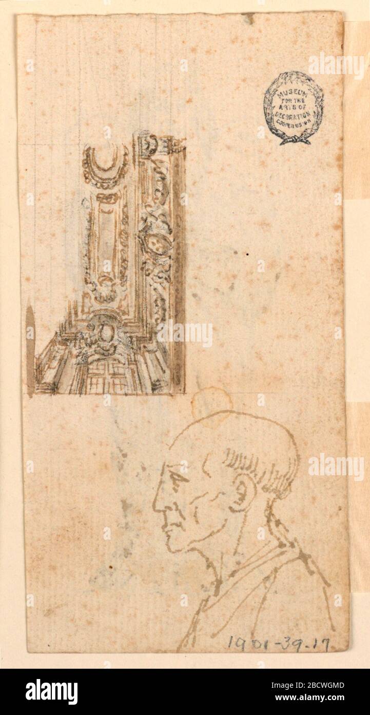 Design for Ceiling and Profile Head Verso Moses with the Tablets of the Law. Research in ProgressSketch of the decoration of a ceiling and the bust of a beardless elderly man. Design for Ceiling and Profile Head Verso Moses with the Tablets of the Law Stock Photo