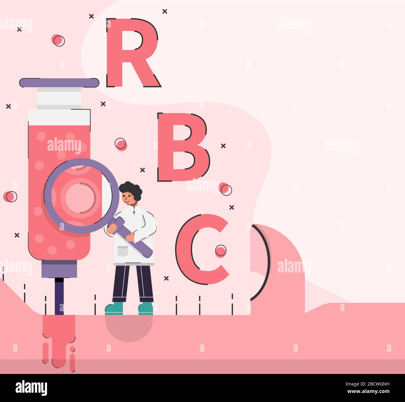 Medical scientist stand on giant arm and examine red blood cells in big syringe with magnifying glass. Concept medical science vector illustration. Stock Vector