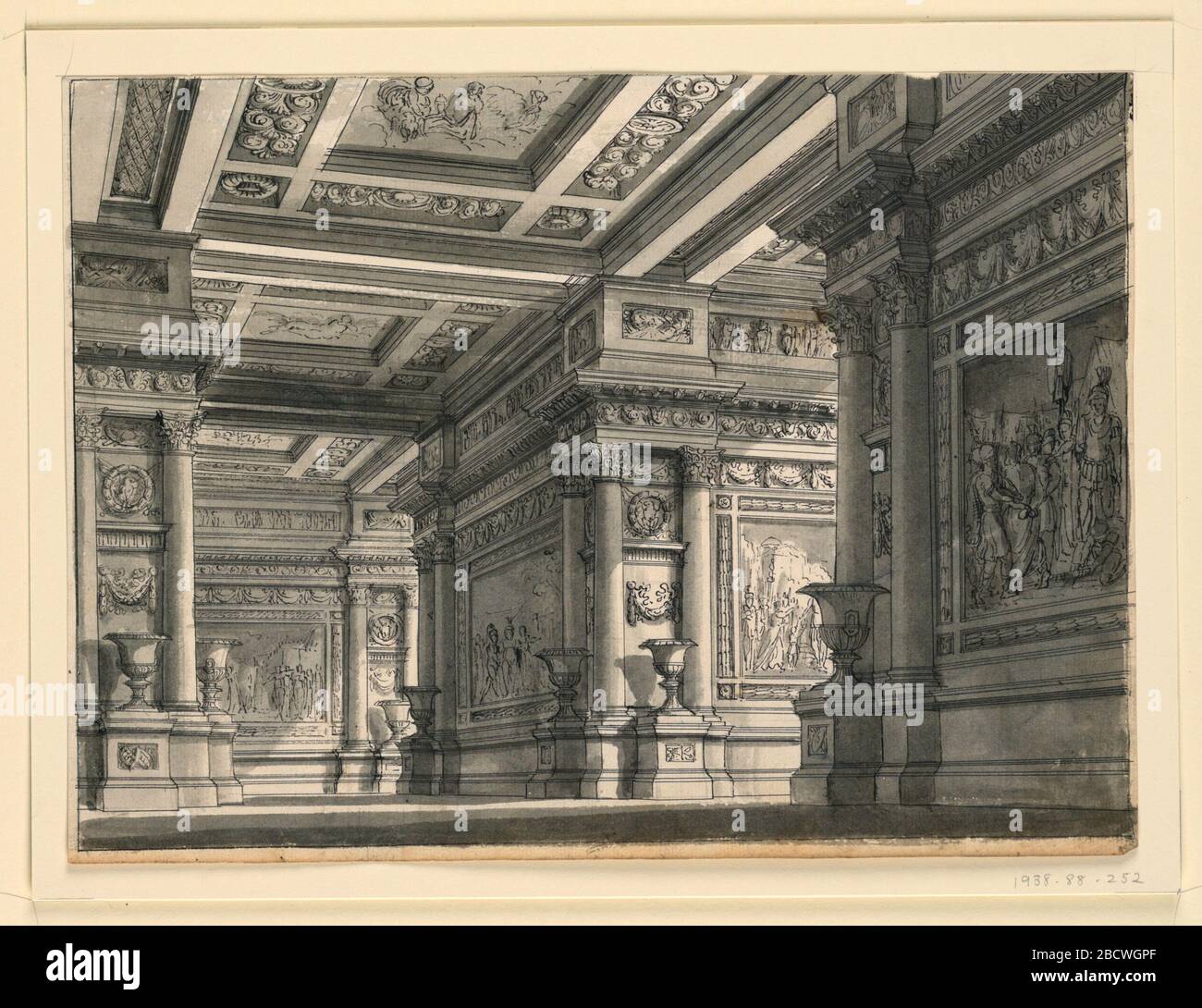 Stage Design Room in the Palace of Titus for the Opera La Clemenza di Tito by Mozart. Research in ProgressHorizontal rectangle. Interior of vast hall decorated with pictures on walls in architectural setting. Stage Design Room in the Palace of Titus for the Opera La Clemenza di Tito by Mozart Stock Photo
