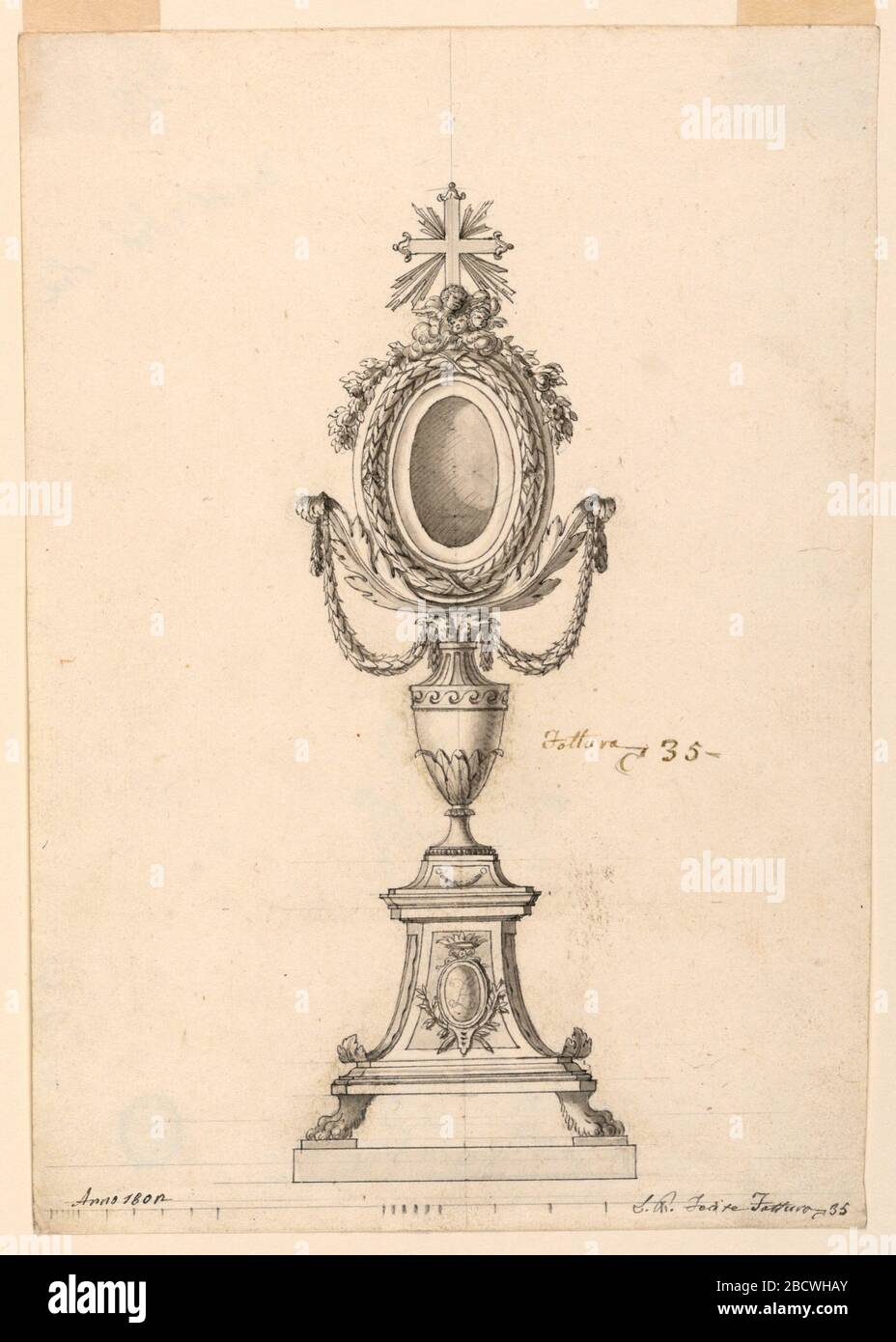 Design for a Reliquary. Research in ProgressVertical rectangle. In the center of the base of the reliquary, a medallion with the monogram 'FL,' above a crown. The shaft is shaped like a vase with two heads of eagles above supporting leaves, upon which the receptacle is standing. Design for a Reliquary Stock Photo