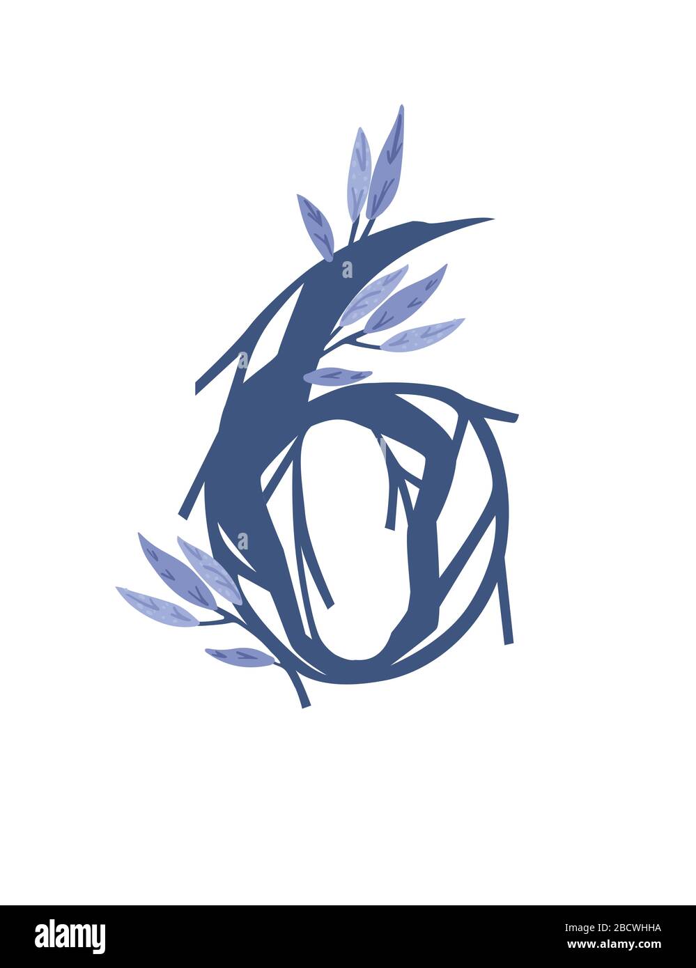 Number 6 style tree branches with blue leaves botanical flowers floral art design element flat vector illustration Stock Vector