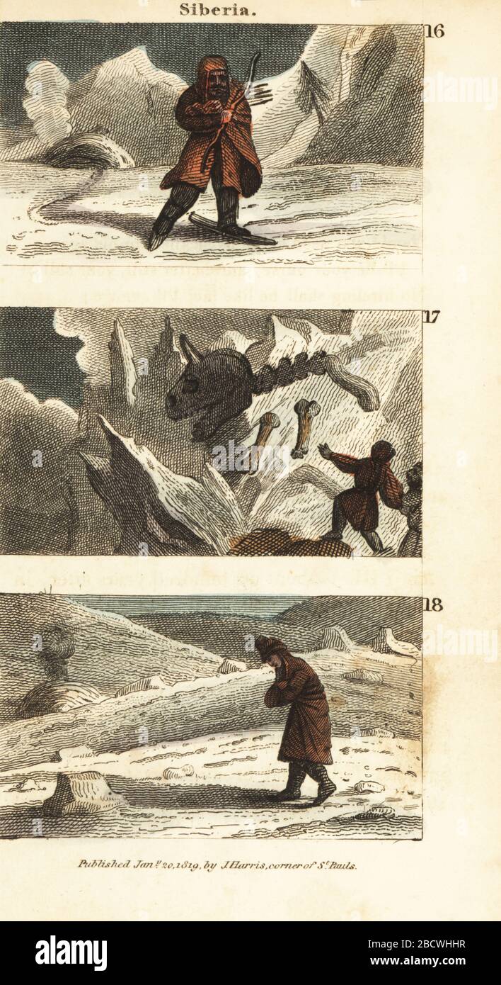 Historical views of Siberia. Samoyed man outside a pit-house 16, discovery of an extinct mammoth skeleton 17, and Russian man exiled to the frozen wastes 18. Handcoloured copperplate engraving from Rev. Isaac Taylor’s Scenes in Asia, for the Amusement and Instruction of Little Tarry-at-Home Travelers, John Harris, London, 1819. Stock Photo