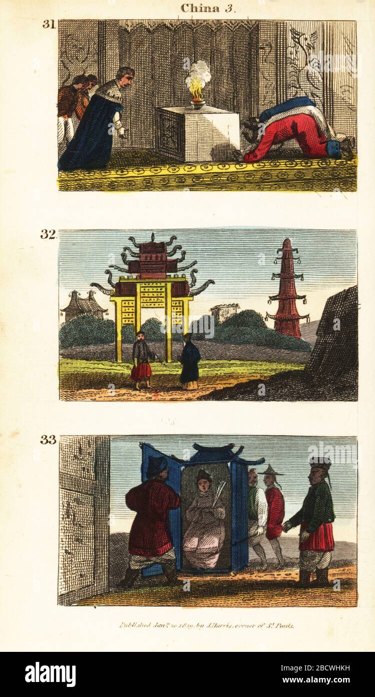 Historical views of China. Ambassadors kow-towing to a silk curtain representing the Emperor 31, Triumphal Arch and Pagoda 32, and Chinese groom receiving his bride in a sedan chair 33. Handcoloured copperplate engraving from Rev. Isaac Taylor’s Scenes in Asia, for the Amusement and Instruction of Little Tarry-at-Home Travelers, John Harris, London, 1819. Stock Photo