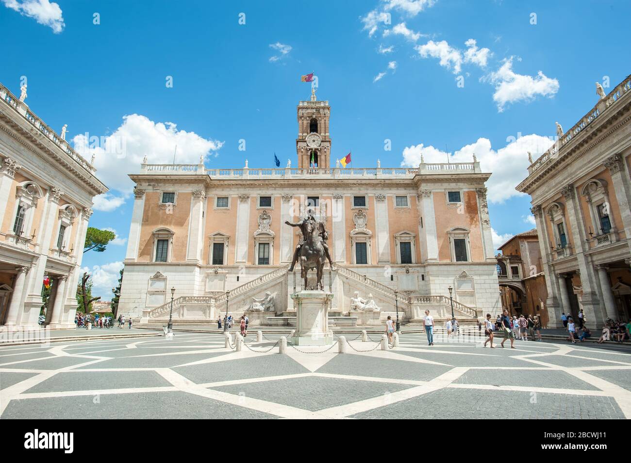 Statue of Roman Emperor Marcus Aurelius on horseback in front of the Palazzo Senatorio in the Piazza del Campidoglio, Rome Stock Photo