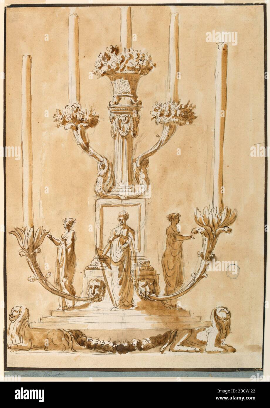 Candlestick. Research in ProgressA stepped plinth supported by lions. Above this, three women in classical dress. At top, a column supports a flower basket. Four candelabra arms terminating in flowers branch out, two on each side. A fifth candle emerges from top. Candlestick Stock Photo