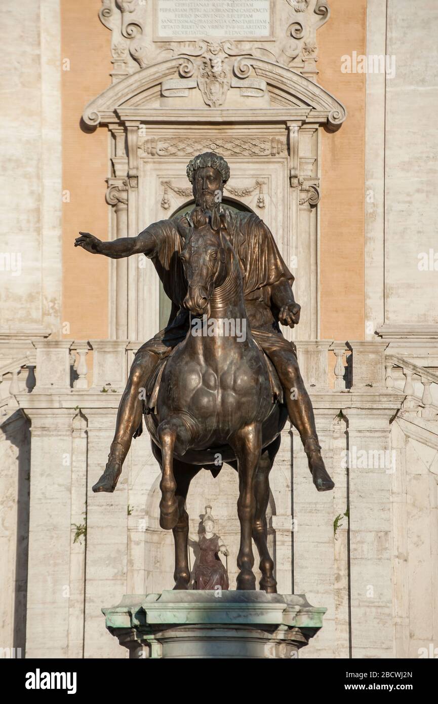 Close-up of the equestrian statue of Roman Emperor Marcus Aurelius in front of the Palazzo Senatorio in the Piazza del Campidoglio, Rome Stock Photo