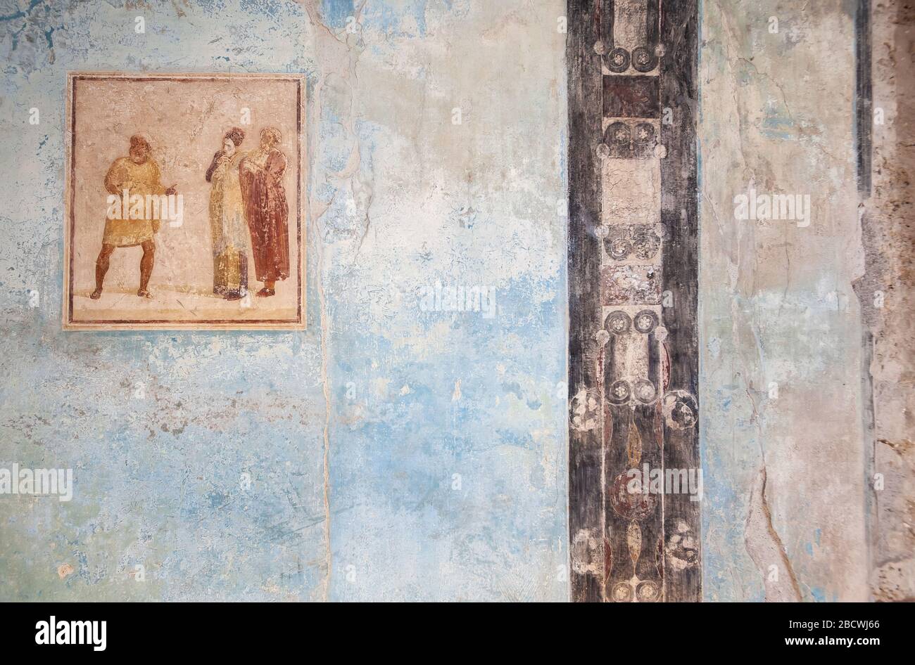 Ancient fresco in the atrium of the Casa di Casca Longus (also known as the Casa dei Quadretti Teatrali), Pompeii, Italy Stock Photo
