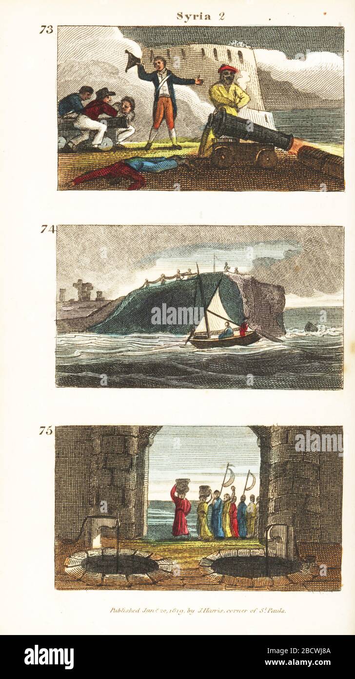 Historical views of Syria. Sir Sydney Smith defending Acre from Napoleon Bonaparte 73, fishermen at Tyre 74, and villagers filling the wells at the Tower of Sour with sea water in the ceremony of the Marriage of Sea and Land Water 74. Handcoloured copperplate engraving from Rev. Isaac Taylor’s Scenes in Asia, for the Amusement and Instruction of Little Tarry-at-Home Travelers, John Harris, London, 1819. Stock Photo