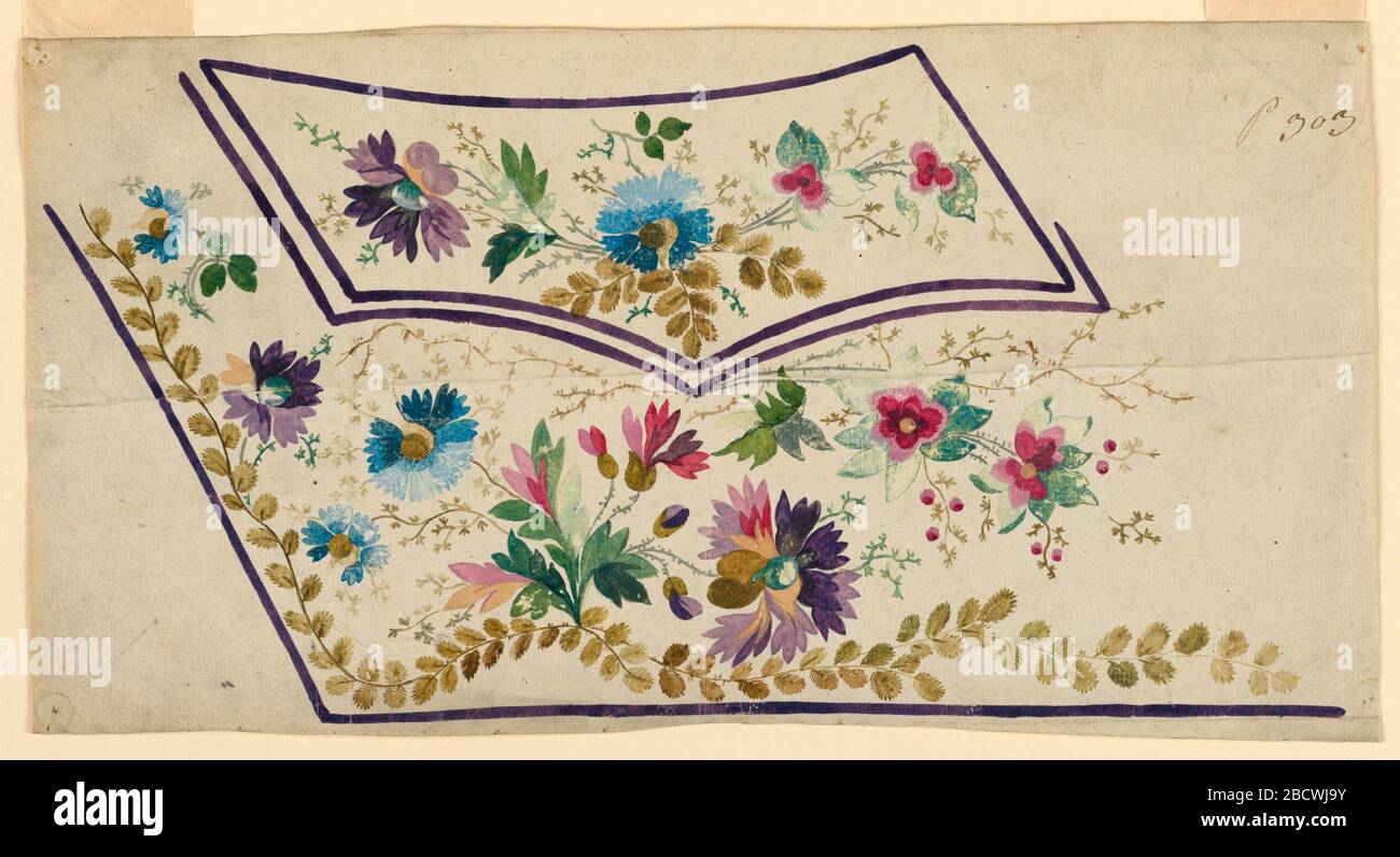 Design for a Waistcoat. Research in ProgressDesign for the embroidery of the left bottom part of a man's waistcoat. Lilac edges. The flap of the pocket is decorated with a bunch of flowers, the field with flower boughs. Most blossoms are in the scheme of carnations. Design for a Waistcoat Stock Photo