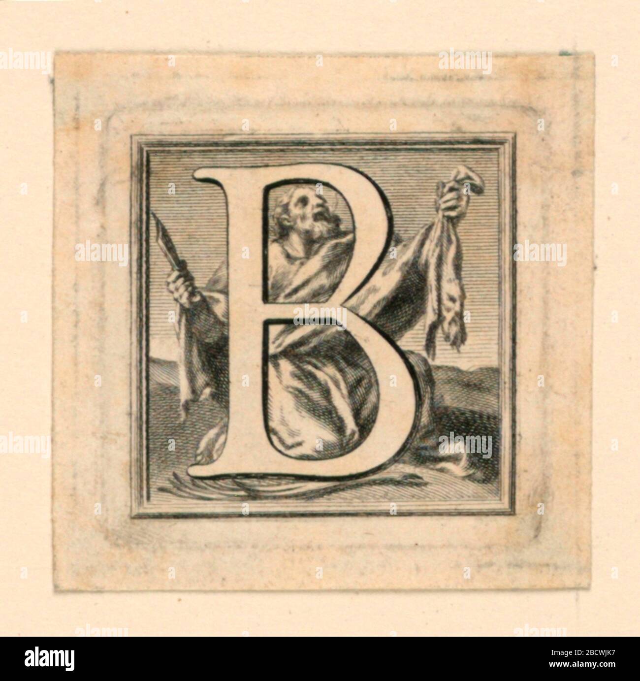 Decorated Capital Letter B. Research in ProgressLetter 'B' standing before St. Bartholomew, who kneels, carrying knife and skin. Decorated Capital Letter B Stock Photo