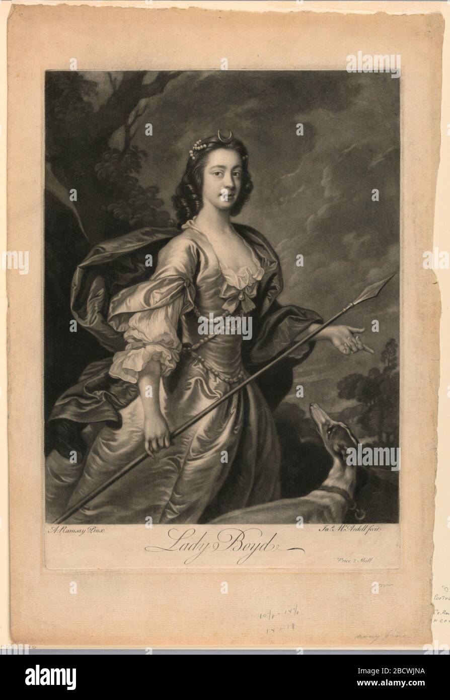 Portrait of Lady Boyd. Research in ProgressLady Boyd is depicted as Diana. She is walking from left to right accompanied by her dog at right. The portrait is knee-length in three quarter view to right. She holds a spear in her right hand. Portrait of Lady Boyd Stock Photo