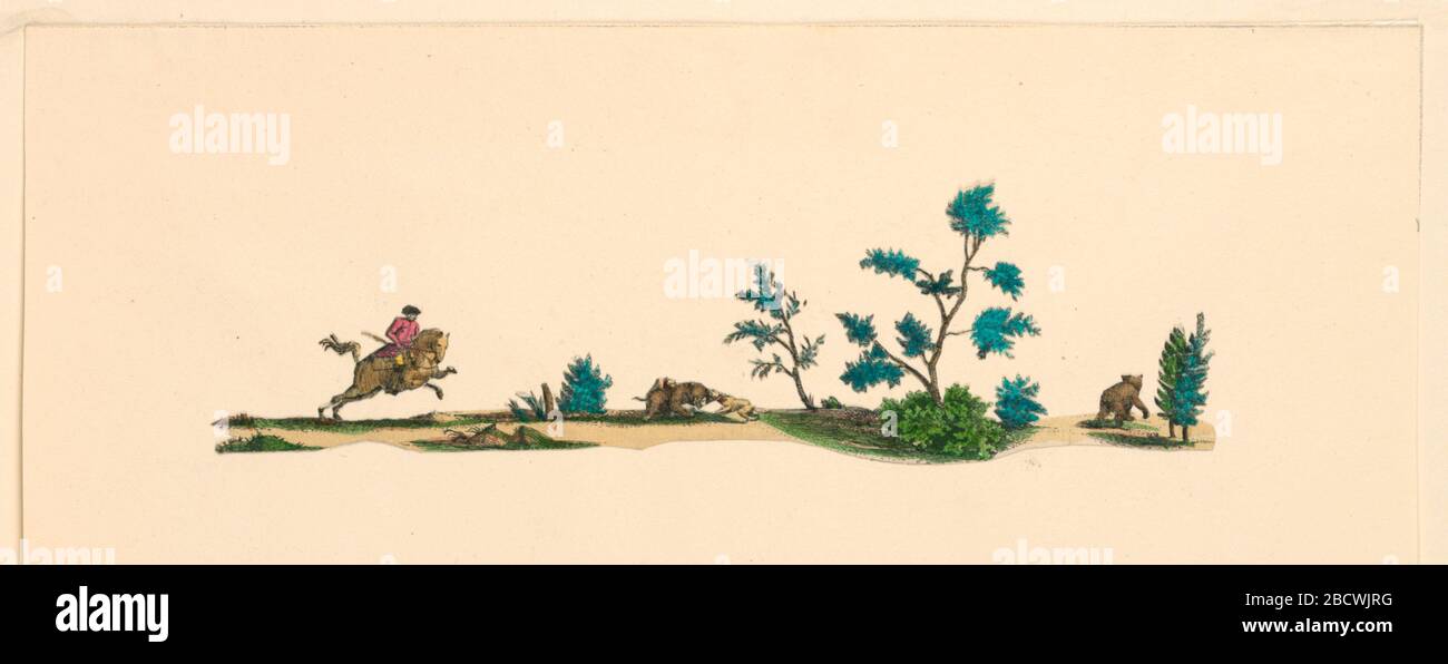 Engraving. Research in ProgressHorizontal strip: bear hunt. At left a hunter on charging horse approaches a clearing in which two dogs are struggling with a bear; at right, a lone bear leaves unnoticed. In greens and browns with touches of red. Engraving Stock Photo