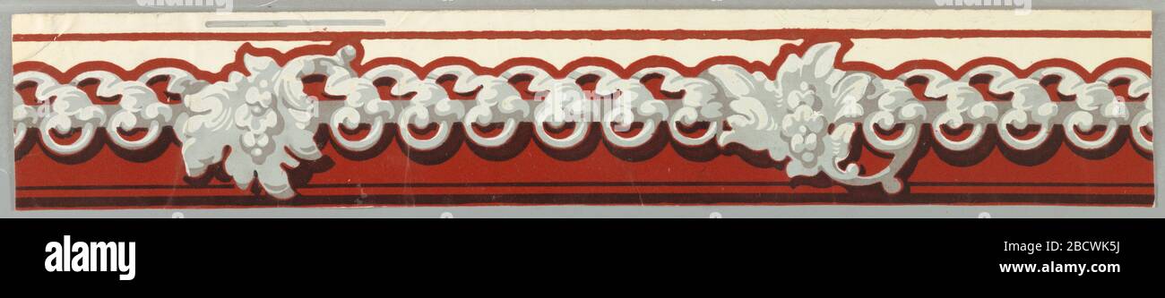 Border. Research in ProgressOn a satin ground, chain-like band of scroll work and foliage with the upper background shaded and flocked; printed in grays, black and white with rust-red flocking.H# 29 Border Stock Photo