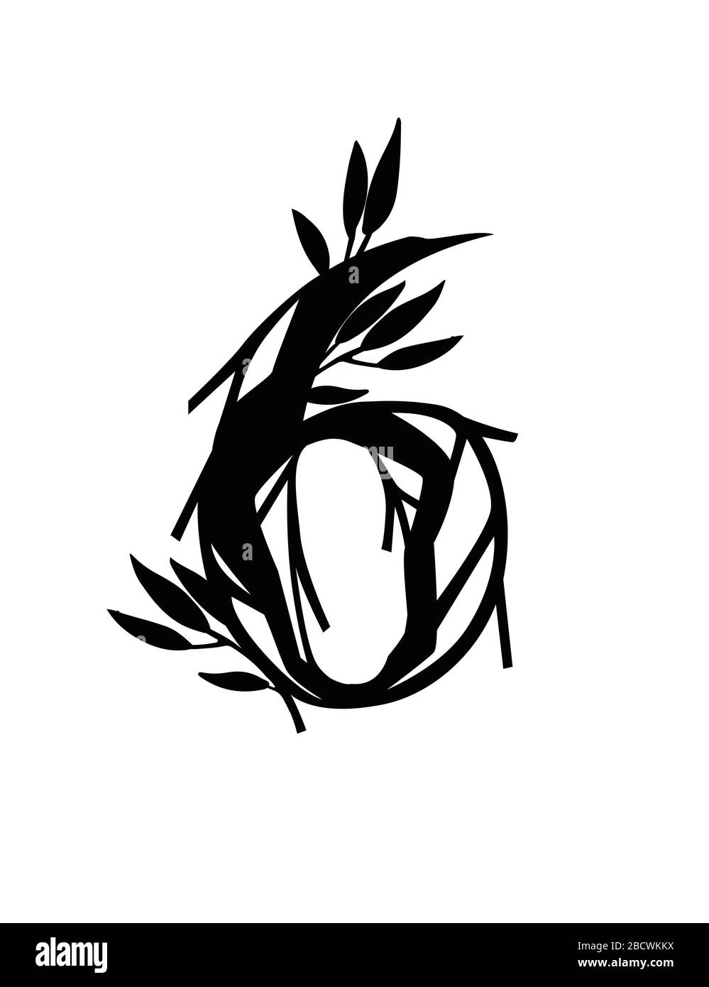 Black silhouette number 6 style tree branches with leaves botanical flowers floral art design element flat vector illustration Stock Vector