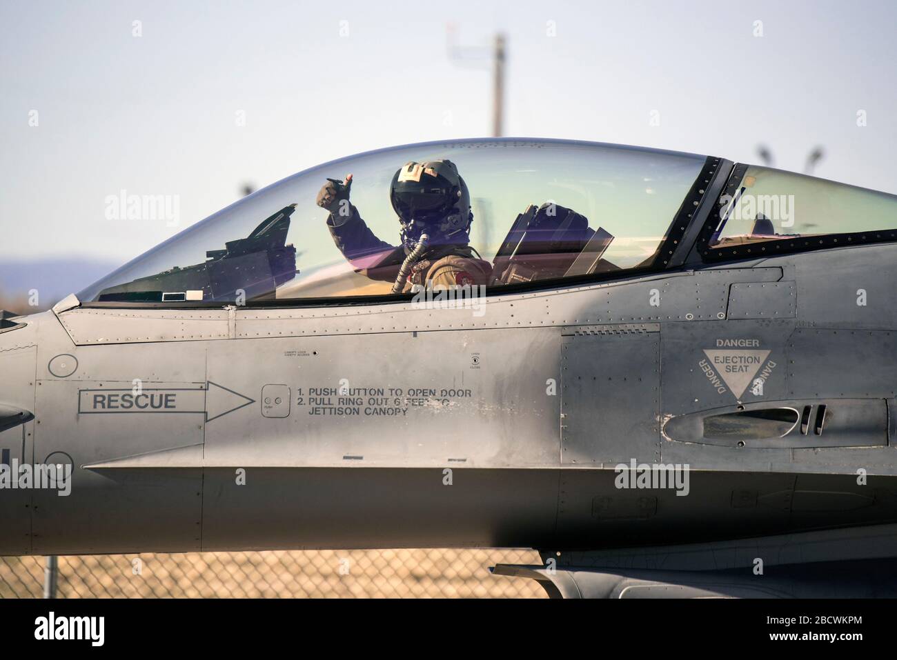 A U.S. Air Force F-16 Fighting Falcon fighter jet, assigned to the 120th Fighter Squadron, 140th Wing, Colorado Air National Guard, taxis for  a practice alert scramble at Buckley Air Force Base March 31, 2020 in Aurora, Colorado. Stock Photo