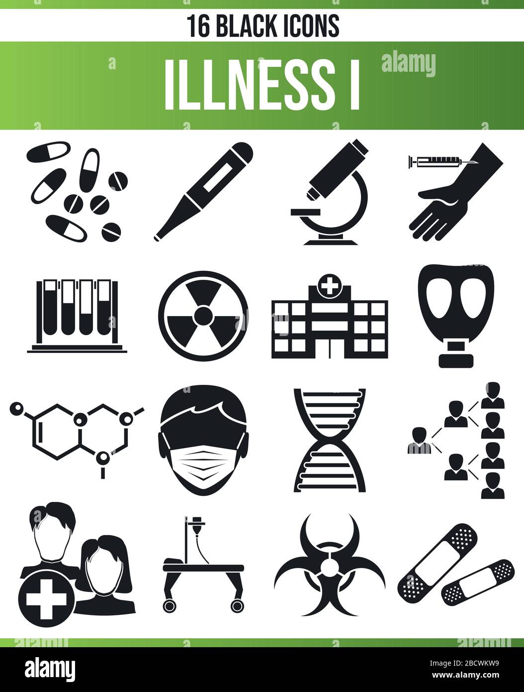 Black icons, or icons on the disease. This icon set is perfect for creative people and designers who need the theme of disease in their graphic design Stock Vector