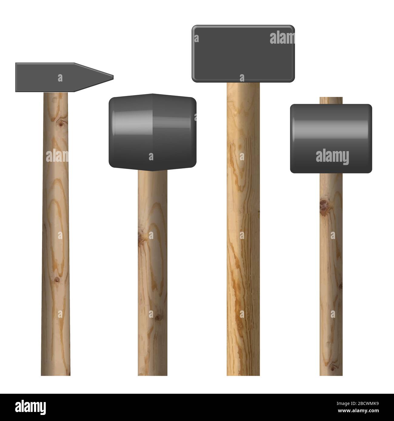 Set of different hammers isolated on white background. Elements design of the working tool. Top