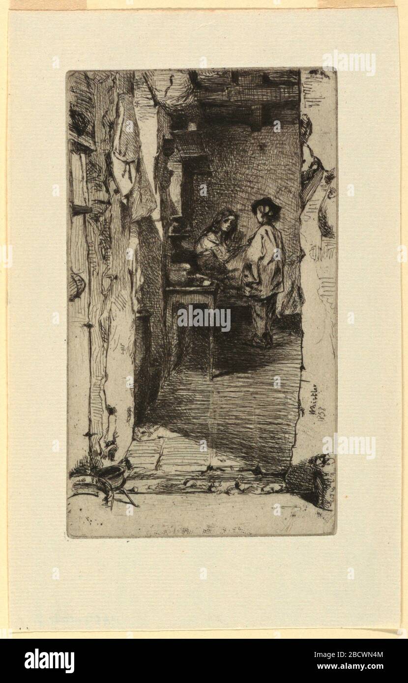 Rag Pickers Quartier Mouffetard Paris. Research in ProgressVertical rectangle. In the farthest corner of a gloomy room, seen through an open door, a child converses with a girl who sits up in bed. Rag Pickers Quartier Mouffetard Paris Stock Photo