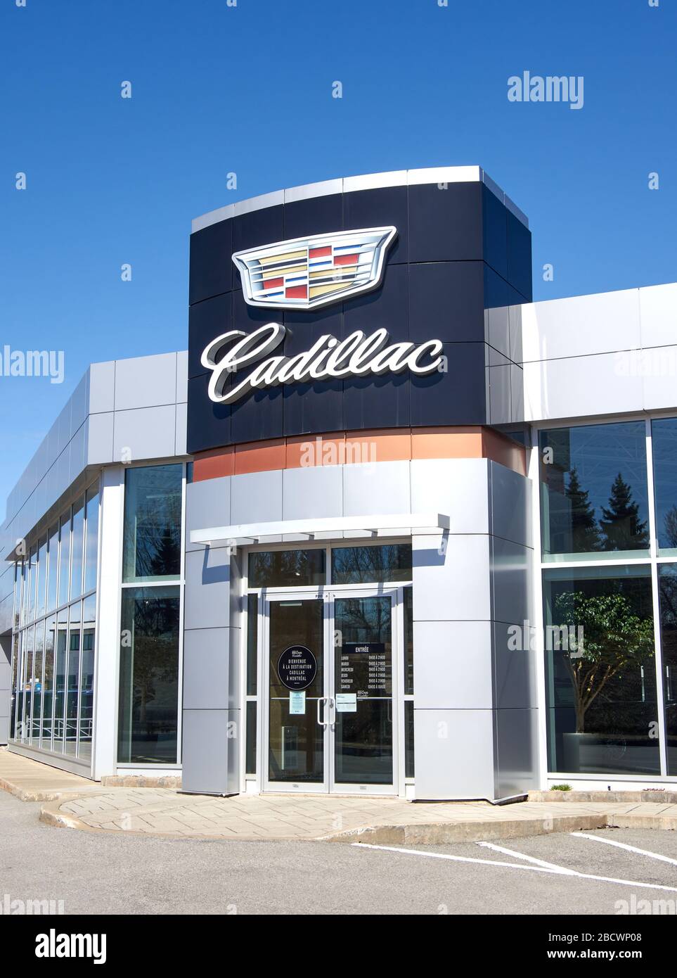Montreal, Canada April 4, 2020 Cadillac dealership logo and writing