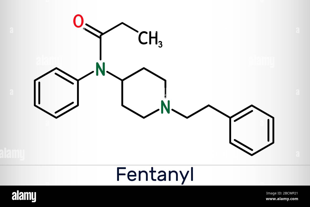 Fentanyl (fentanil) opioid analgesic drug molecule. Blue skeletal formula  on white background Stock Photo - Alamy