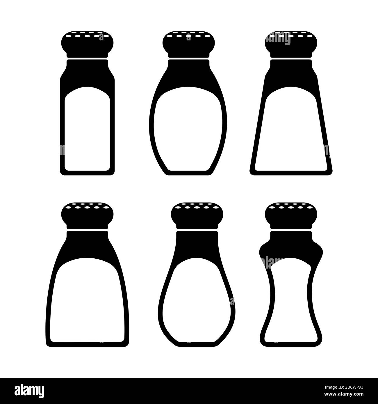 Salt shakers set. Spice bottles icons isolated on white background
