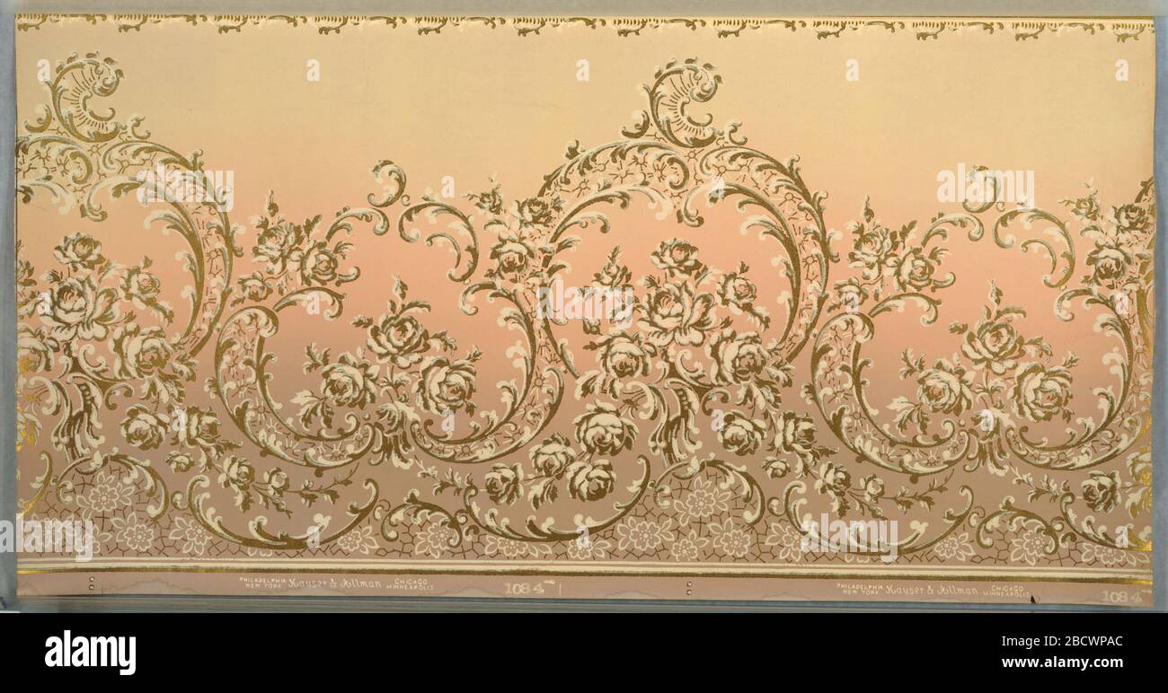 Frieze. Research in ProgressHorizontally repeating rococo-inspired pattern. Spindly scrollwork of stylized acanthus leaves and rosebuds rests on a meshwork of flowers and lines. A thin, foliate border runs across the top of the page. Frieze Stock Photo