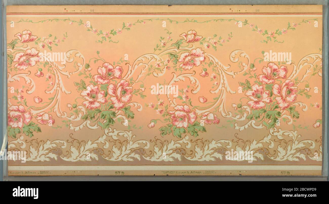 Frieze. Research in ProgressMica frieze with rococo-inspired scrollwork that meanders horizontally across the paper. Pink blossoms are intertwined with the scrollwork. The bottom edge has a band of stylized acanthus and the top a thin scalloped vine. Frieze Stock Photo