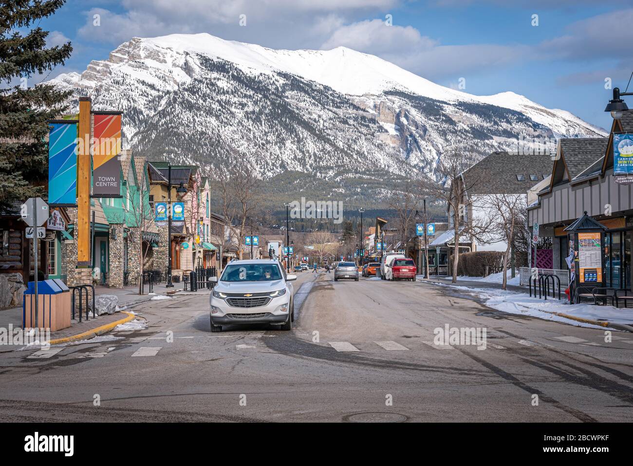 Canmore, Alberta - April 4, 2020: View of businesses in the mountain ...