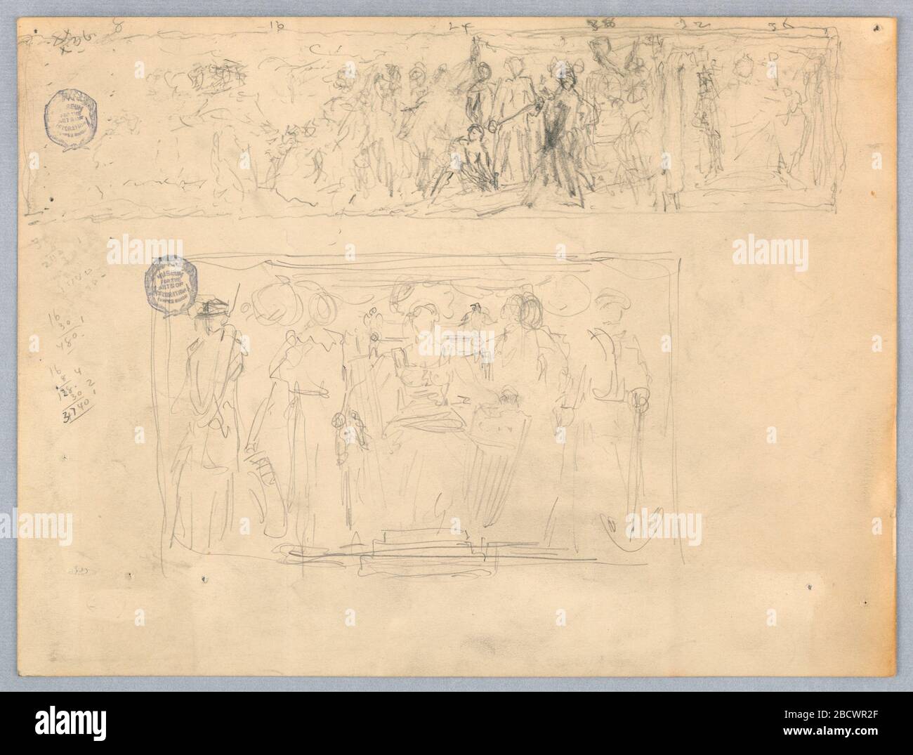 Two Sketches for a Wall Mural. Research in ProgressTwo horiztonal rectangular compositions. Above, enthroned figure at right, many figures to the left, with notes on sizes. Below, female figure seated with two standing figures on either side. Two Sketches for a Wall Mural Stock Photo