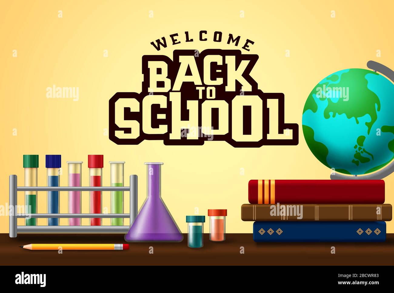 Welcome back to school vector banner design. Welcome back to school text in yellow background with laboratory elements and school supplies like books, Stock Vector