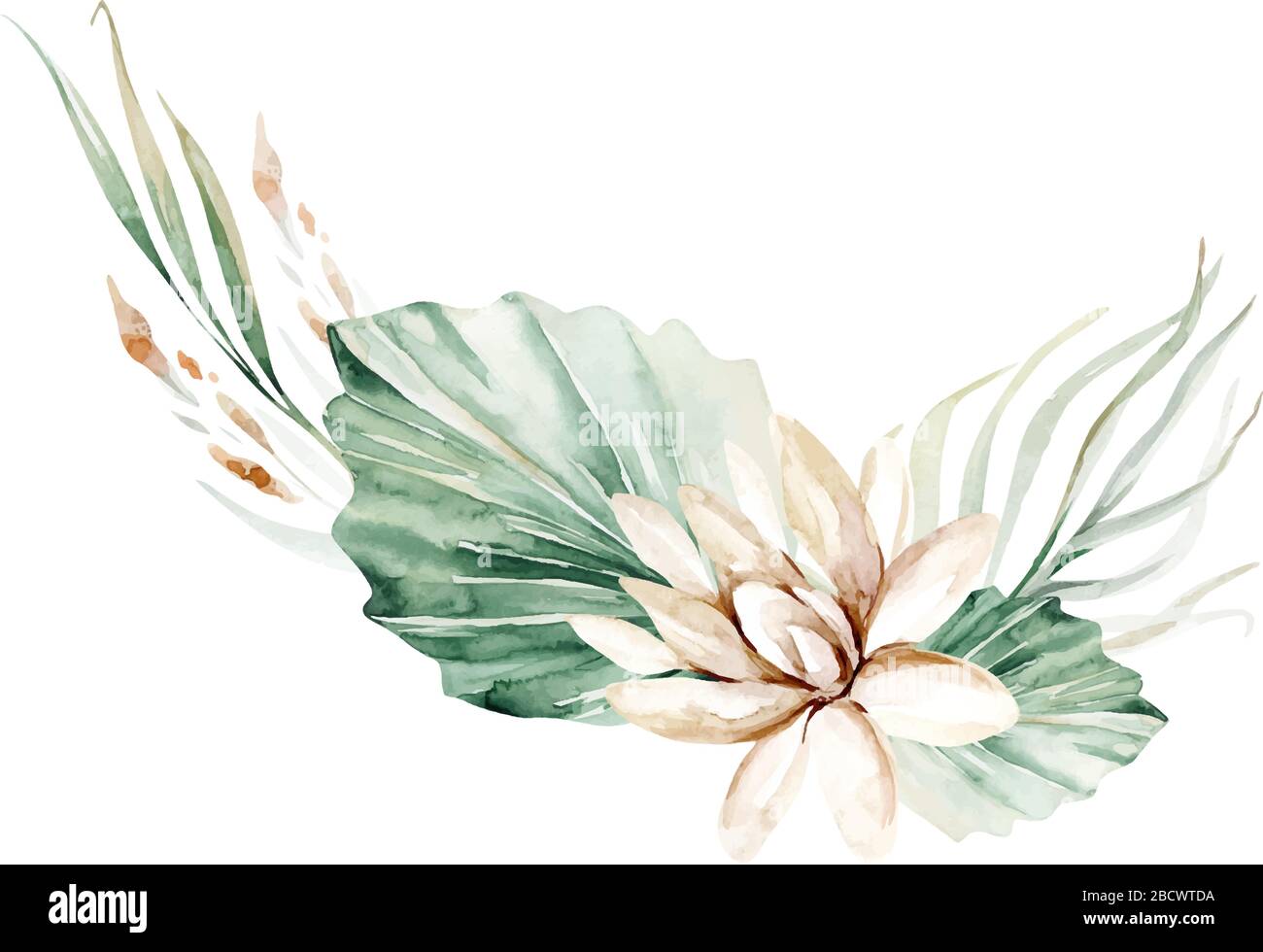 Floral watercolor peony flower frame. wreath with tropical leaves and ...