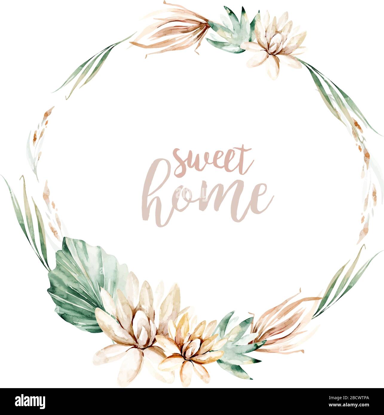 Floral watercolor peony flower frame. wreath with tropical leaves and ...
