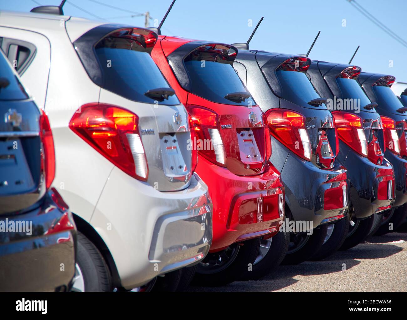 Montreal, Canada - April 4, 2020: Chevrolet Spark cars in a line. Chevrolet is one of the most popular and recognizable automotive brands in the US. C Stock Photo