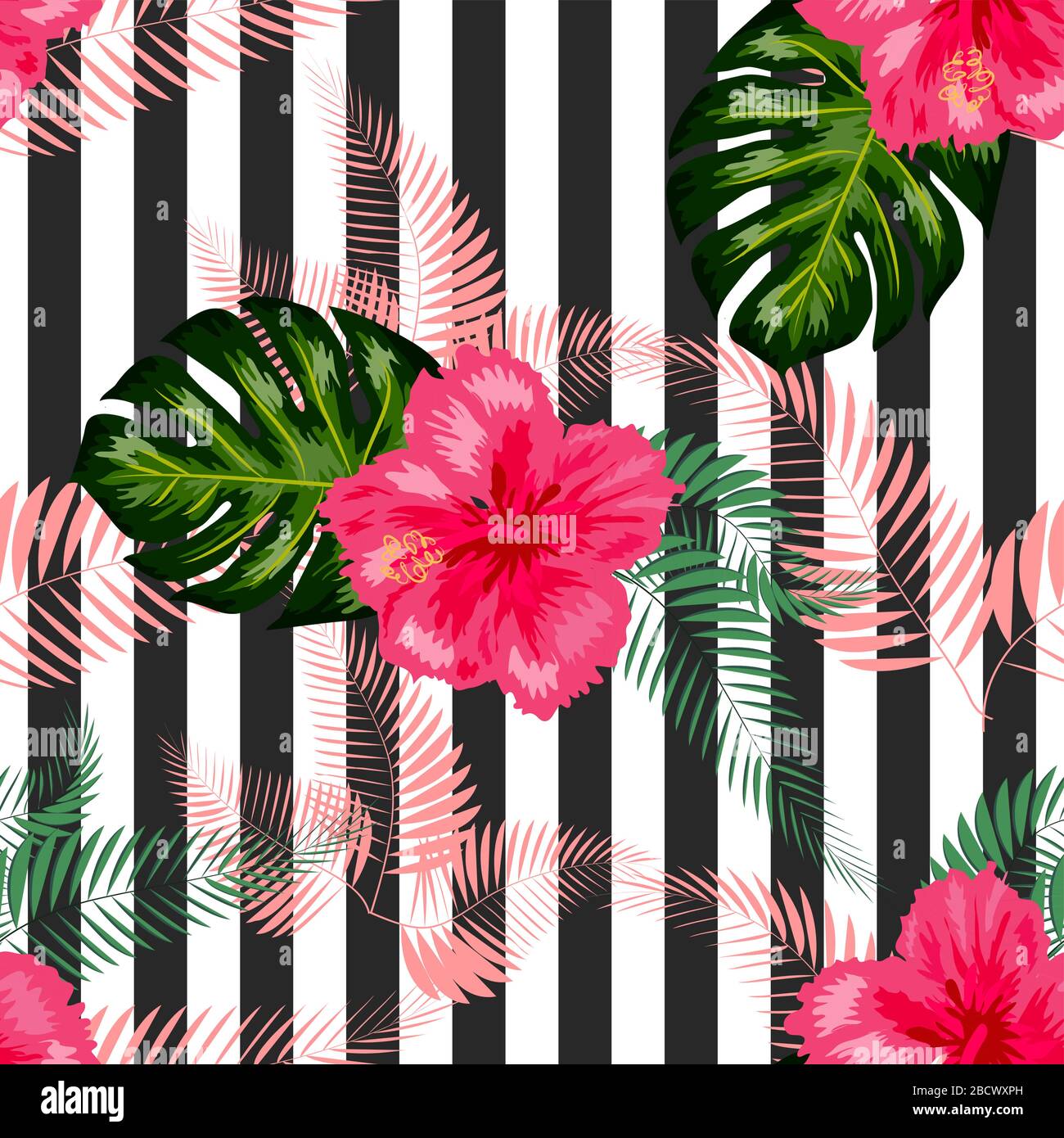 tropical illustration monstera plants leaves flowers hibiscus seamless ...