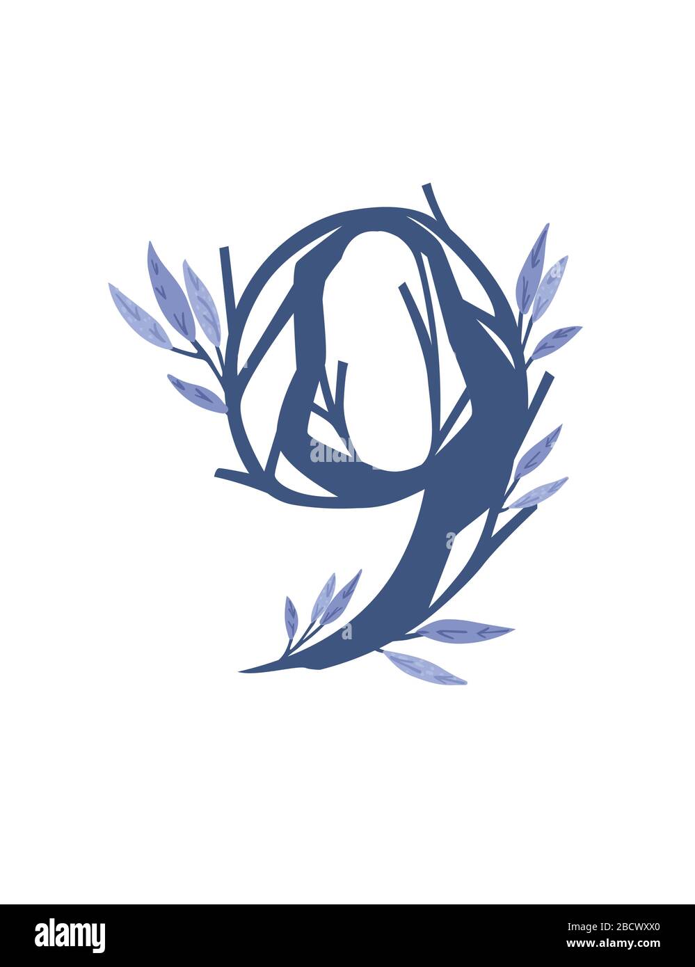 Number 9 style tree branches with blue leaves botanical flowers floral ...
