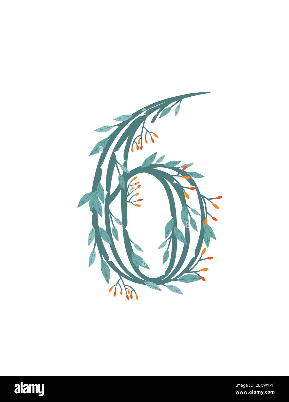 Number 6 style tree branches with leaves and berries botanical flowers floral art design element flat vector illustration Stock Vector