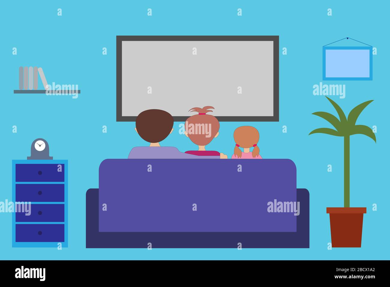 The family sits on the couch watching TV in the living room. Father, wife and daughter sit together at home and watch TV. Vector illustration Stock Vector