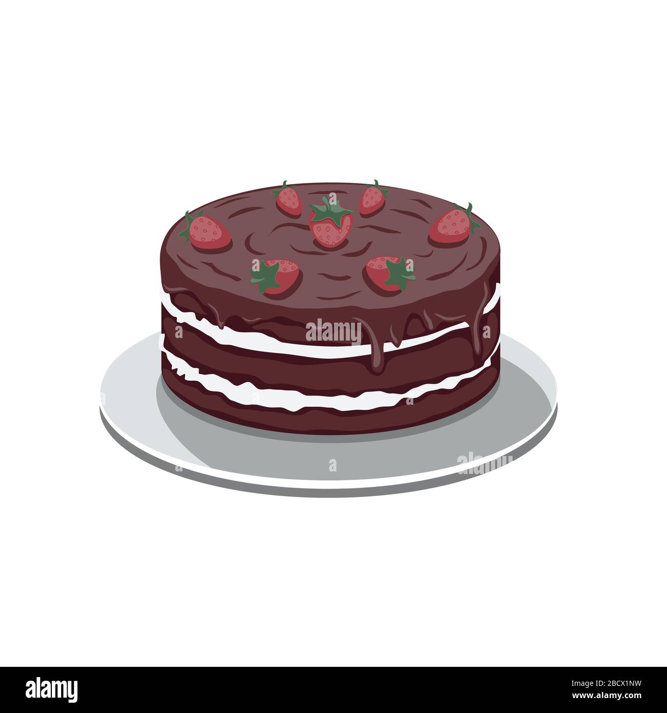 Chocolate cake with strawberries on a white isolated background. Vector image Stock Vector