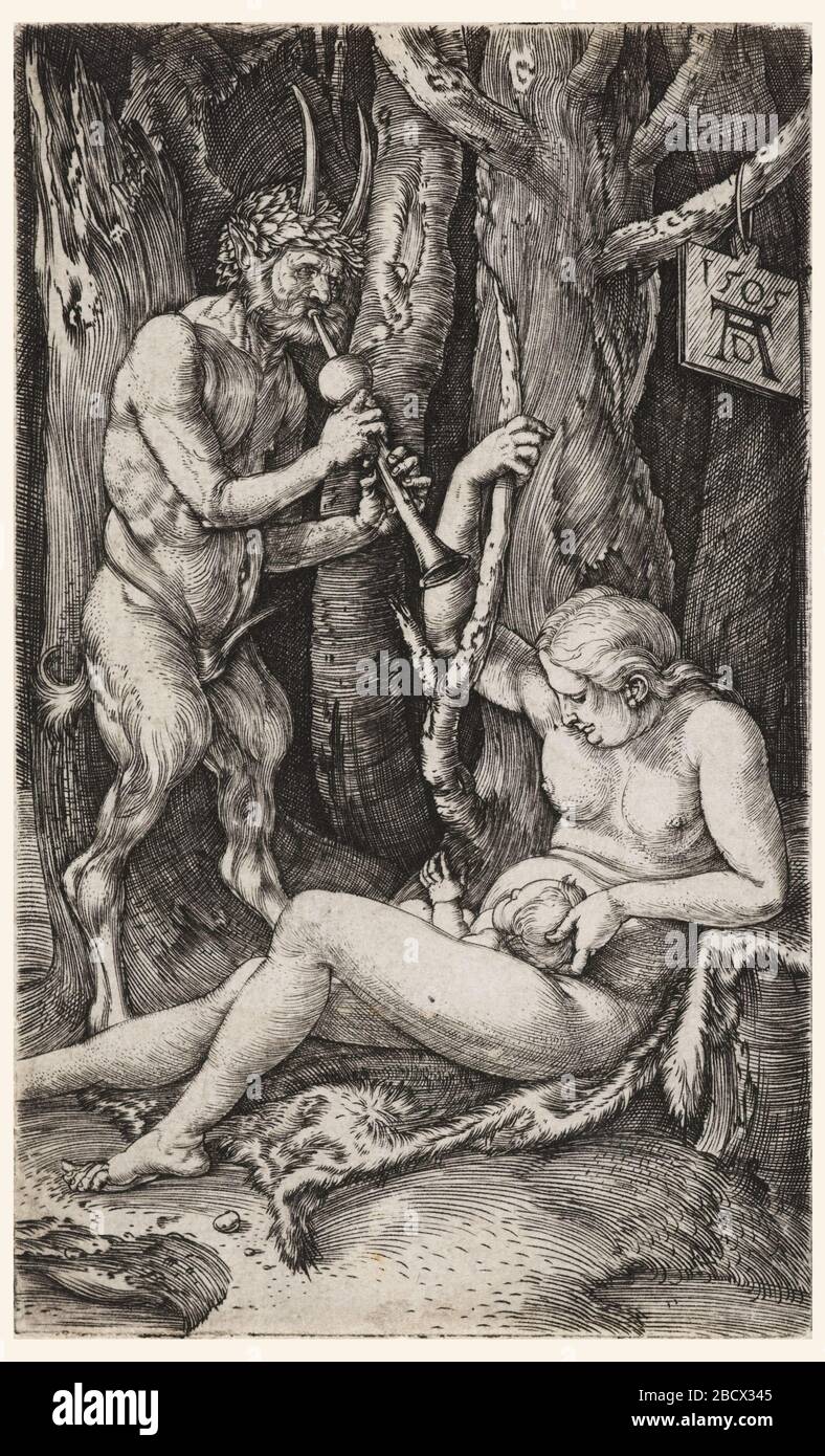 The Satyr Family. Research in ProgressA satyr stands at left, playing a flute. A woman is seated on an animal skin, at right, holding a child on her lap. Trees in the background. The Satyr Family Stock Photo