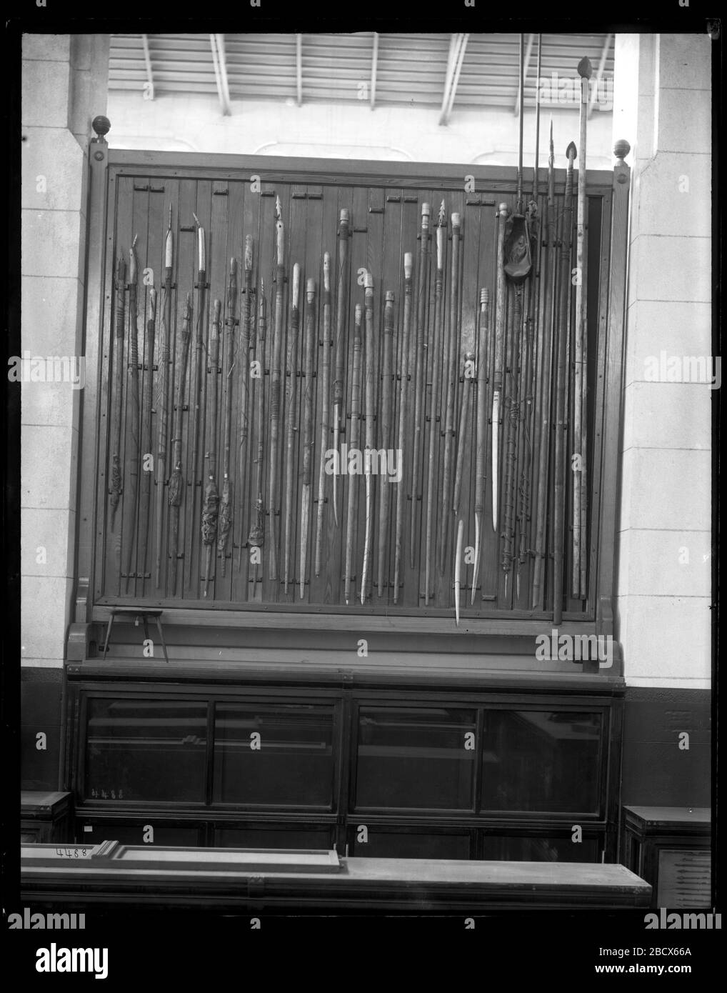 Anthropology Exhibit. Exhibit screen featuring a variety of spears for display at the United States National Museum.Smithsonian Institution Archives, Acc. 11-007, Box 020, Image No. MNH-4488 Stock Photo