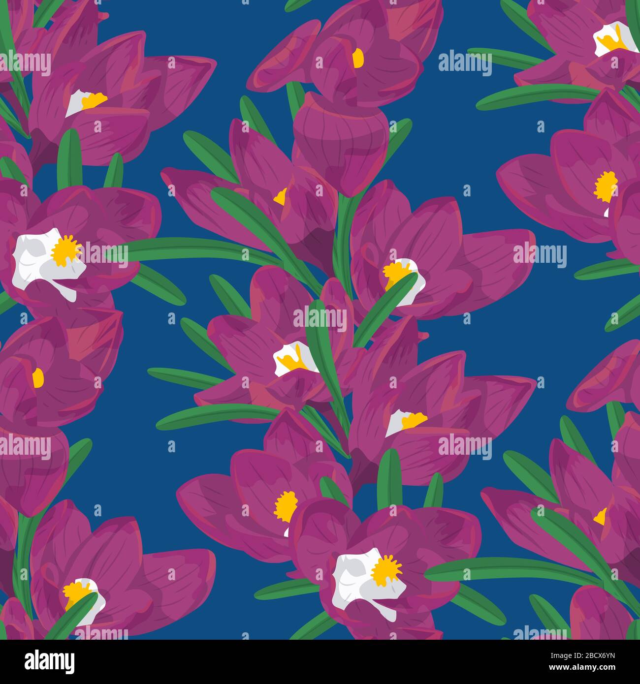 Hand drawn violet crocus flowers seamless floral pattern. On blue background. Vector illustration Stock Vector