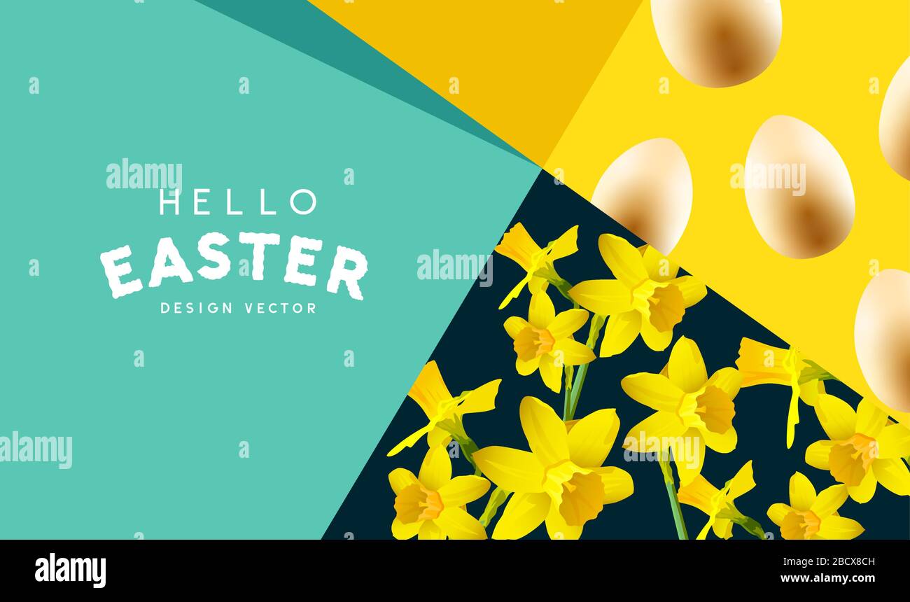 Happy Easter banner background with pattern textures with eggs and daffodils. Vector illustration. Stock Vector