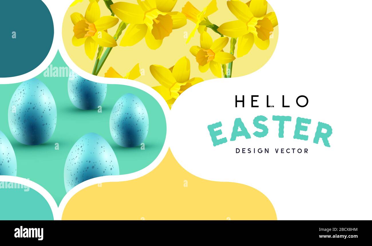 Happy Easter banner background layout with pattern textures, eggs and daffodils. Vector illustration. Stock Vector