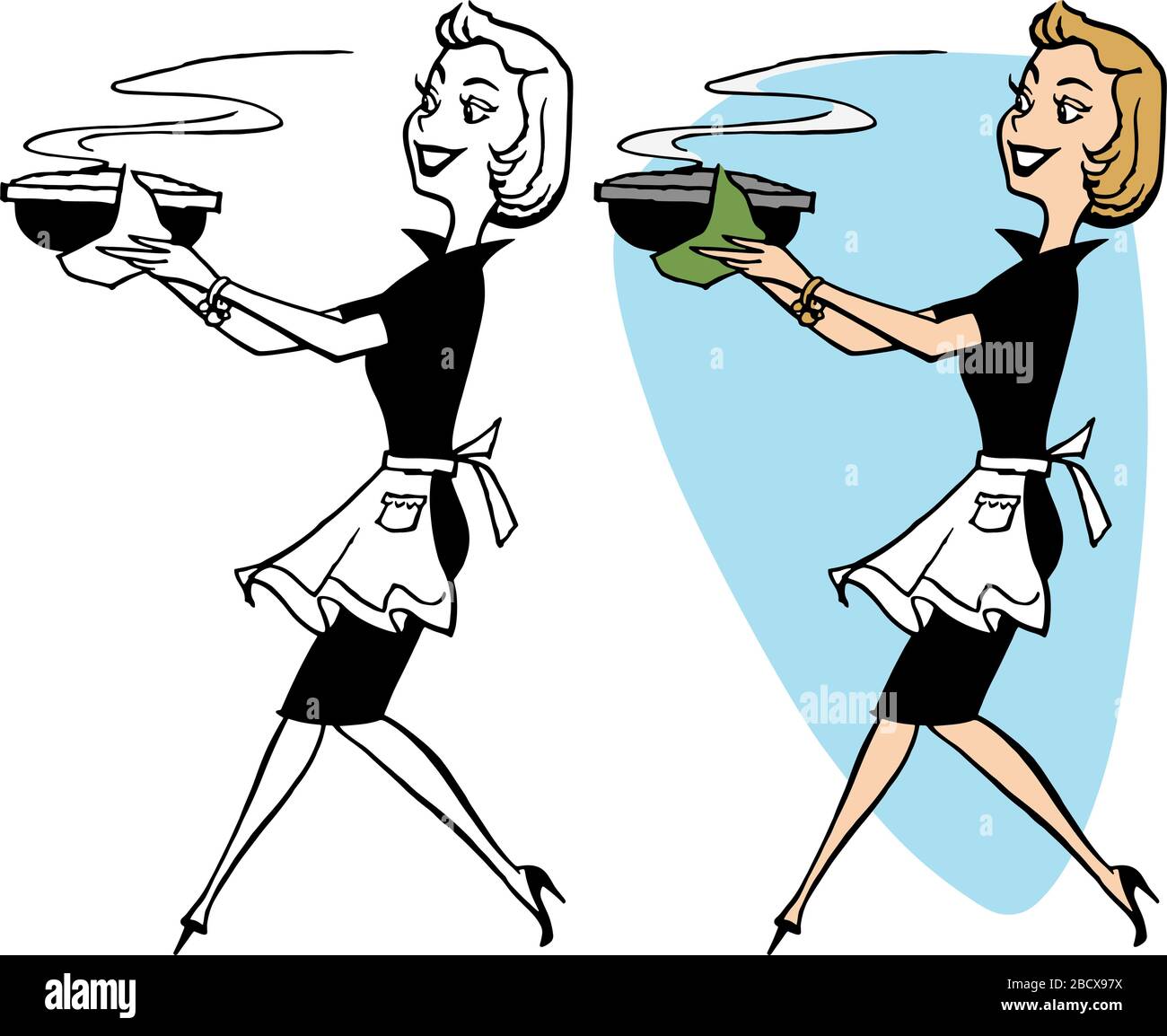 A cartoon of a woman carrying a hot pot of dinner to the table. Stock Vector