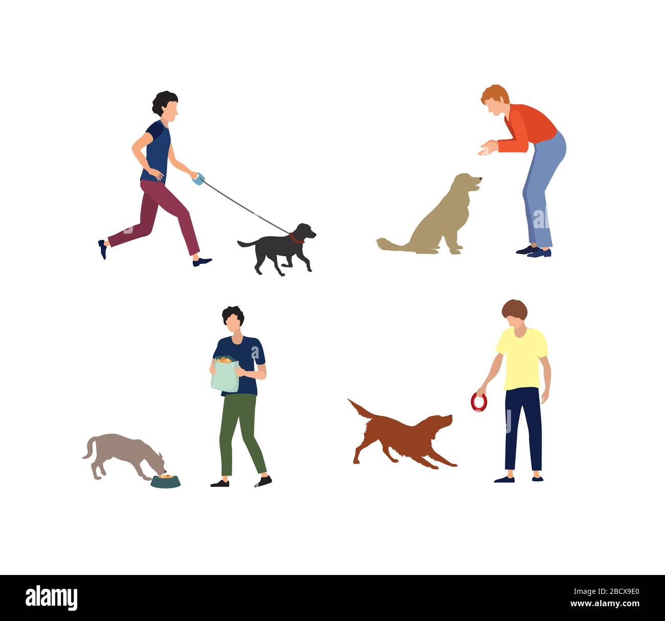 Set of people with dogs. Dog and person. Day care of dogs - feeding, walking, playing with puppy. Stock Vector