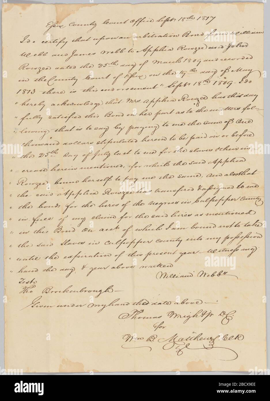Transcript of court record regarding payment for the hire of enslaved persons. This document is from a collection of financial papers related to the plantation operations of several generations of the Rouzee Family in Essex County, Virginia. The papers date from the 1790s through 1860.Transcript of a court document from the Essex County court office. Transcript of court record regarding payment for the hire of enslaved persons Stock Photo